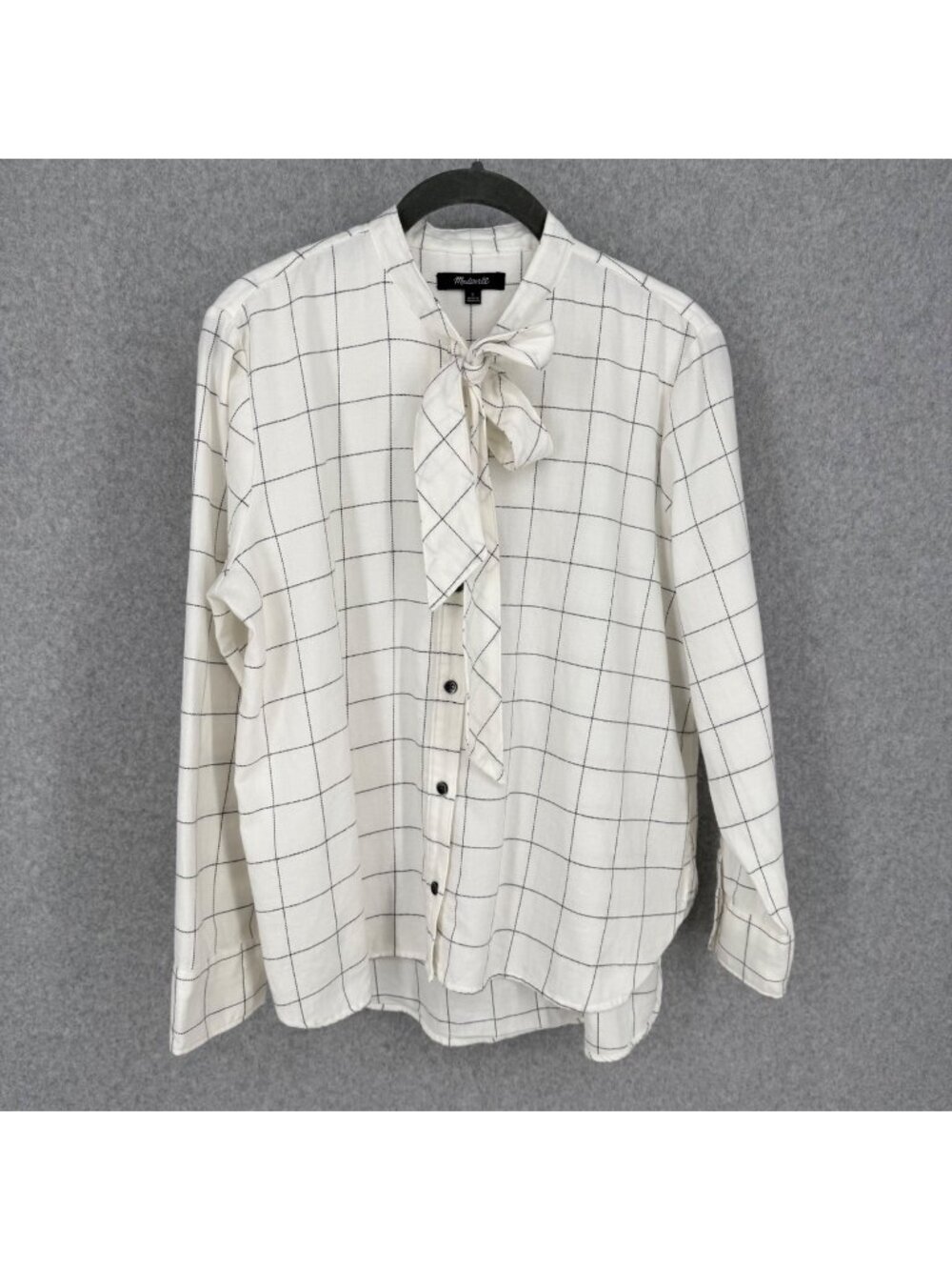 Madewell Womens Flannel Tie-Neck Button Up Shirt Size S Windowpane White Black
